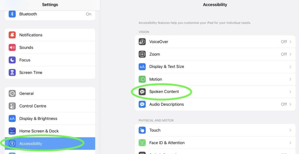 A screenshot of iPad settings with the accessibility option circled in green with the 'Spoken Content' option also circled in green.