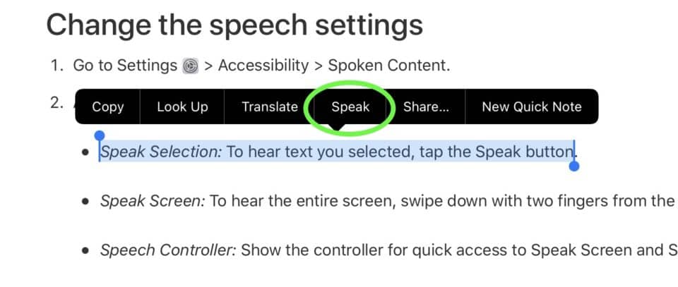 A screenshot of some text on the Apple website within an article about changing the speech settings.  There is a sentence highlighted with a menu showing above it with the option 'Speak' highlighted.