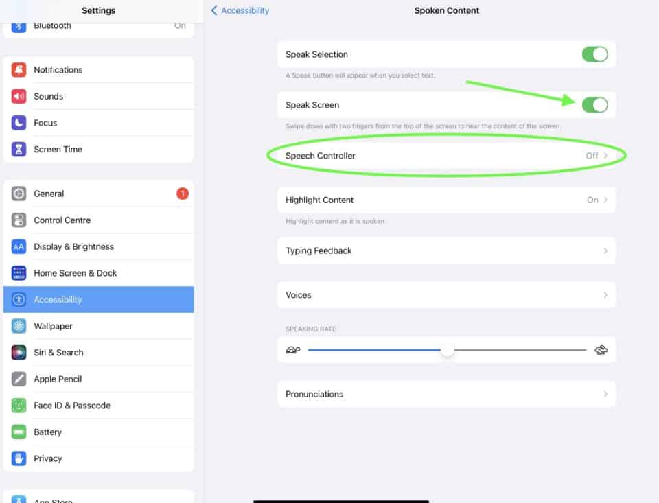 A screenshot of iPad settings with the accessibility options displayed.  There is an arrow pointing to the Speak Screen button and the Speech Controller option is circled in green.