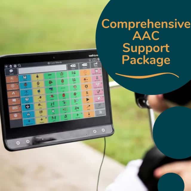 A communication device with a grid of symbols on display. There is a speech bubble which has the text 'Comprehensive AAC Package'.
