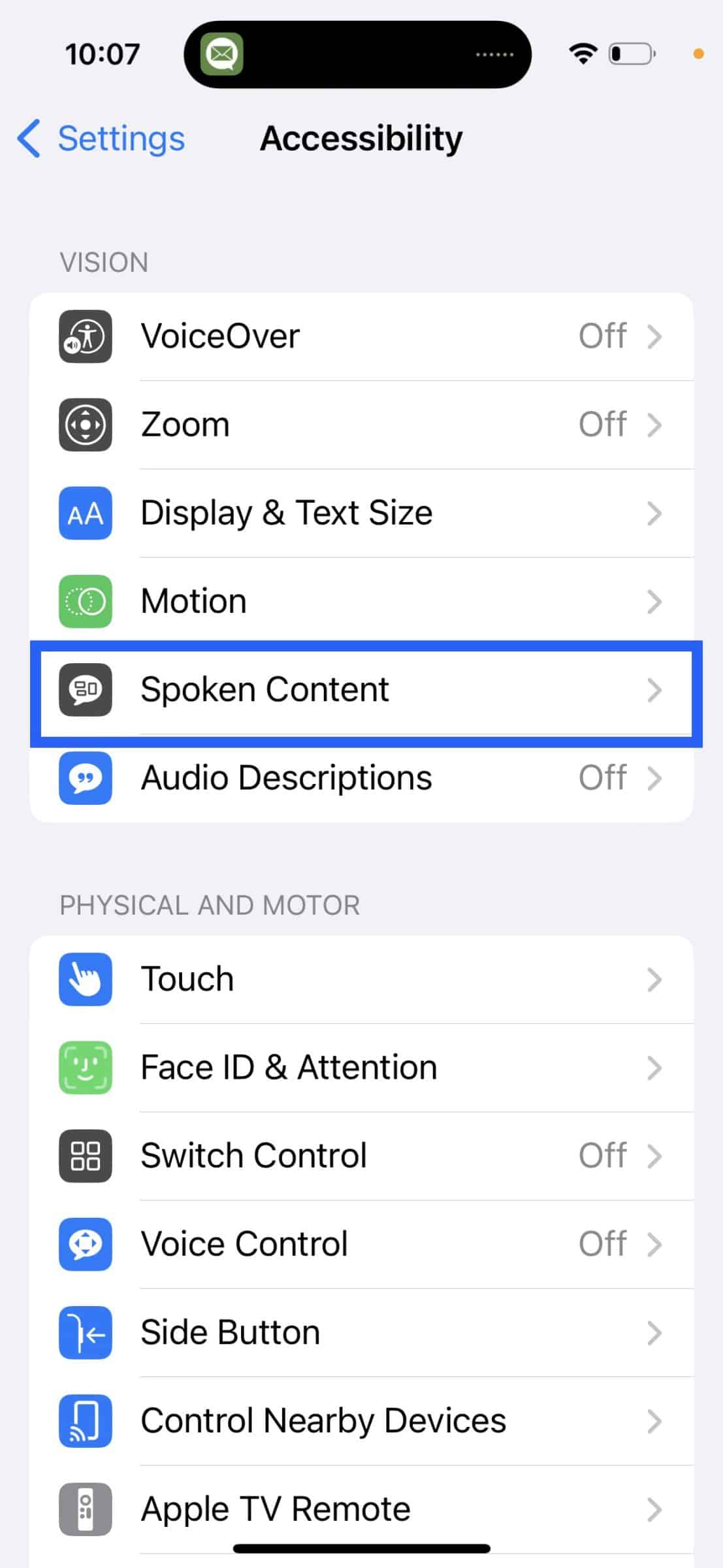 Screenshot of Apple Accessibility menu