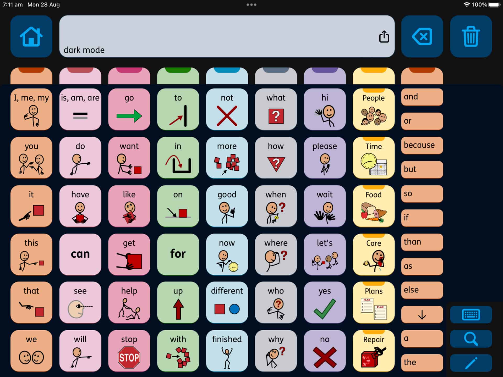 A screenshot of Proloquo app with the display in the default dark mode.