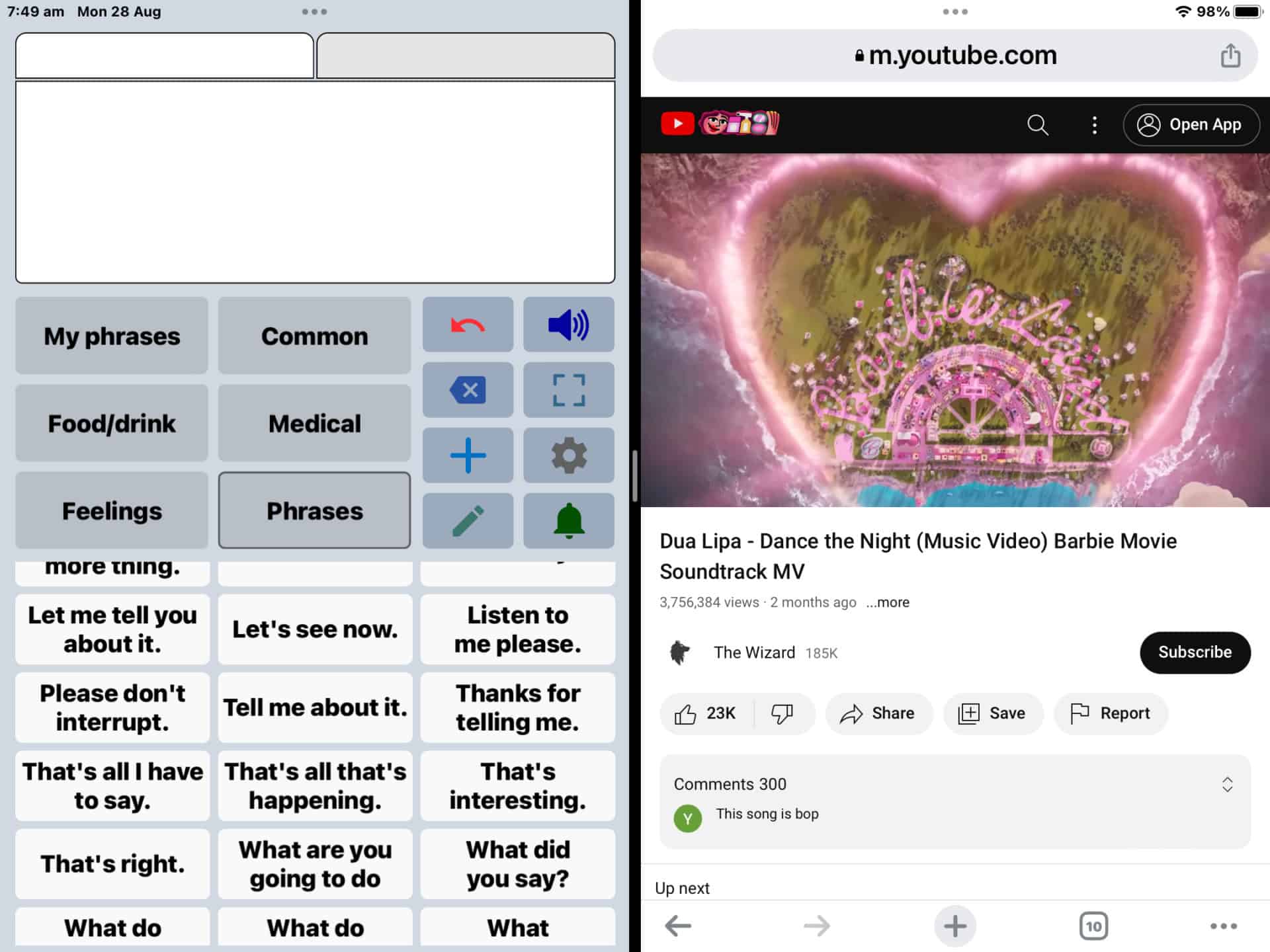 A screenshot of the Speech Assistant app in split view showing the Speech Assistant app on the left and YouTube on the right half of the screen.