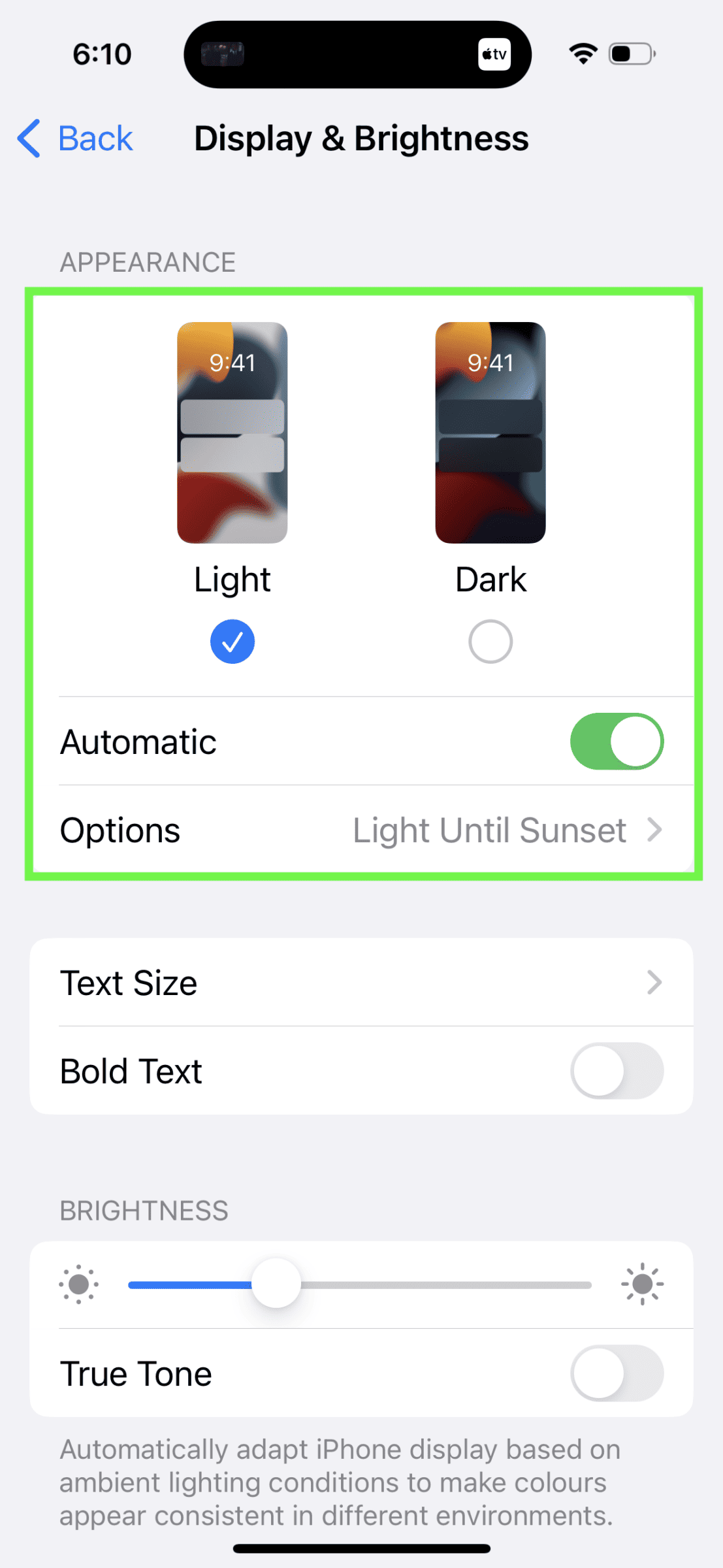 A screenshot of the appearance settings within the display and brightness settings on an iPhone.