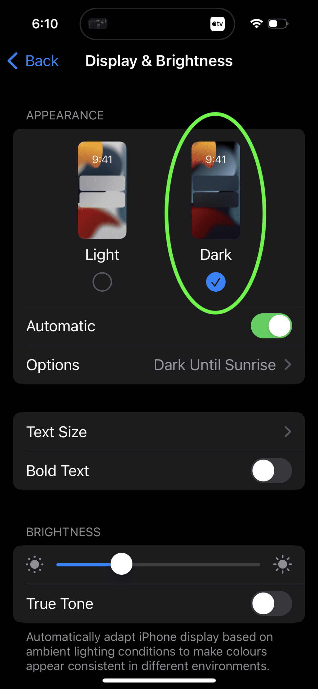 A screenshot of the appearance settings within the display and brightness settings on an iPhone. The display is in dark mode.