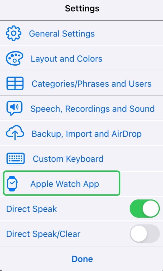 Speech Assistant menu on iPhone
