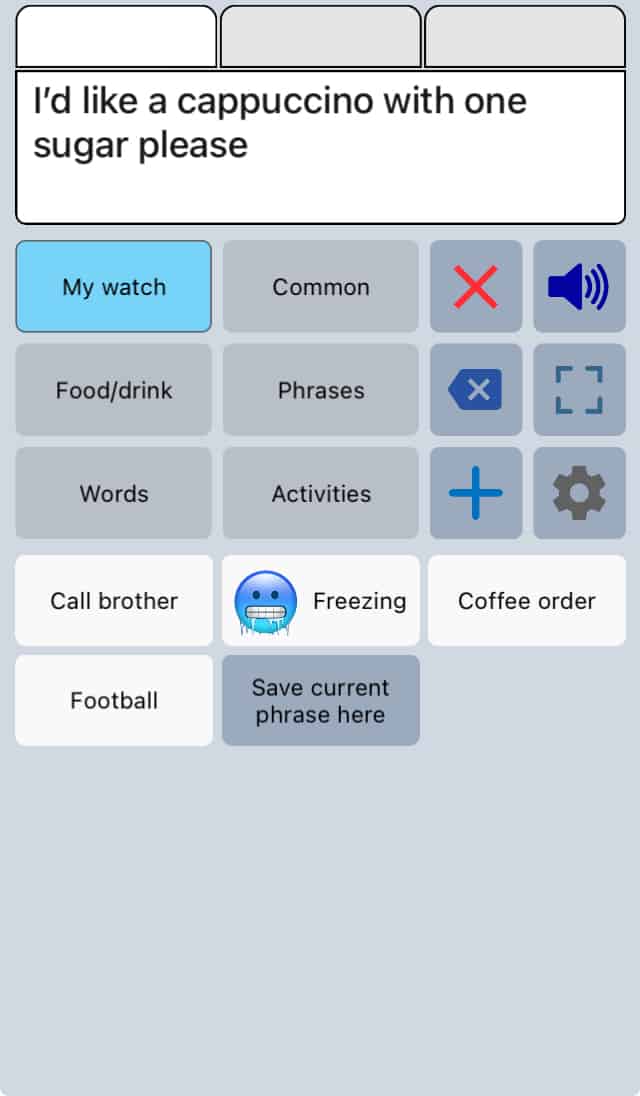 A screenshot of personal phrases within Speech Assistant on the iPhone.