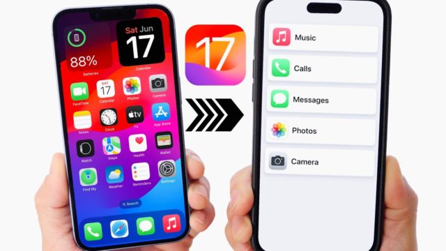 2 iphones, one in each hand. One is showing the iPhone home screen with iOS 17 installed. The other is showing the iPhone home screen with Assistive Access buttons on the home screen.