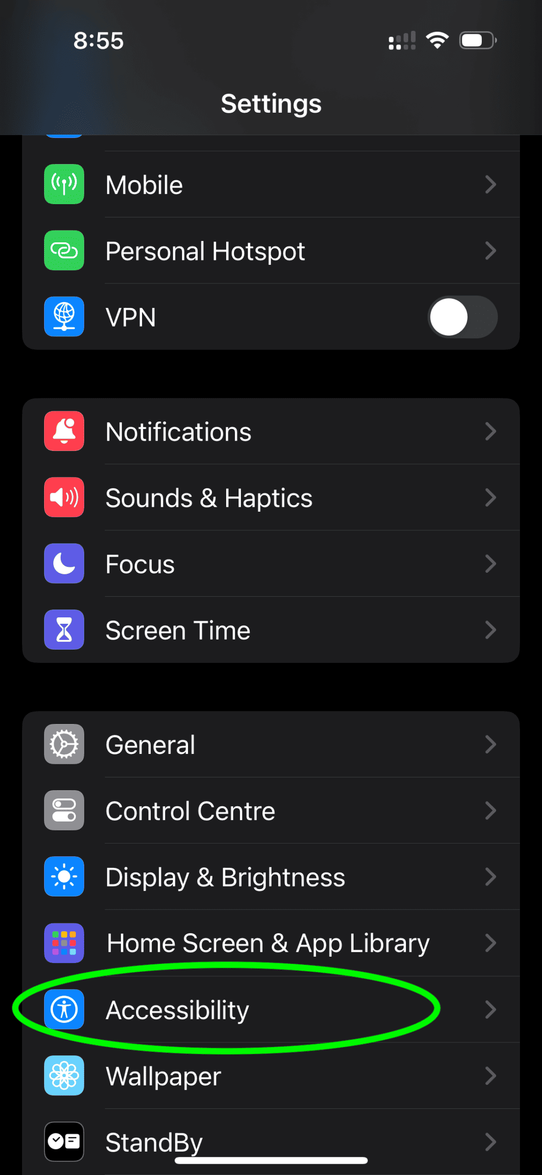 A screenshot of the settings app on an iPhone with the Accessibility menu item circled in green.