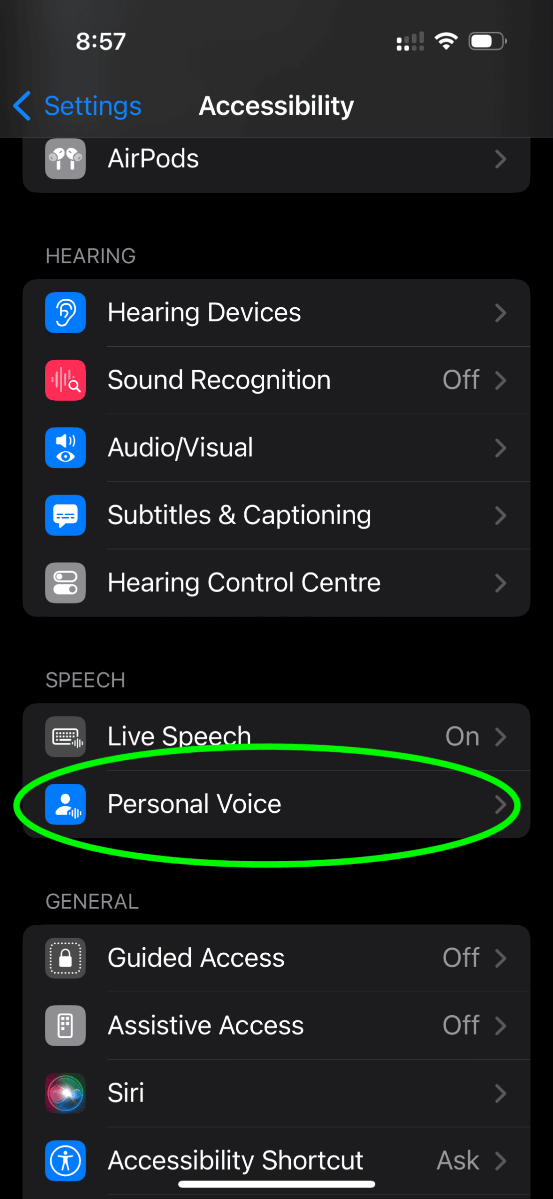 A screenshot of the Accessibility menu on an iPhone with the Personal Voice menu item circled in green.