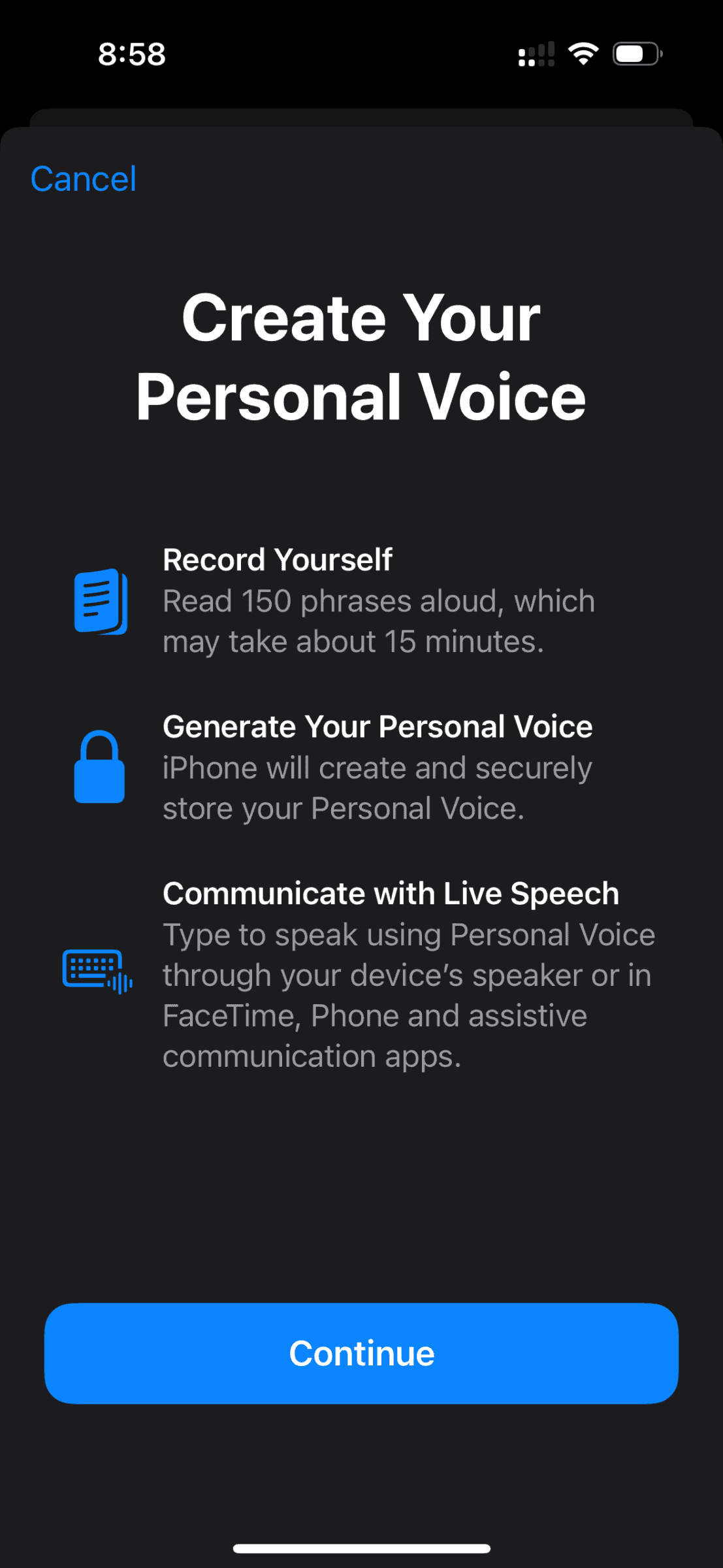 Screenshot of instruction of how to create a Personal Voice on iPhone.