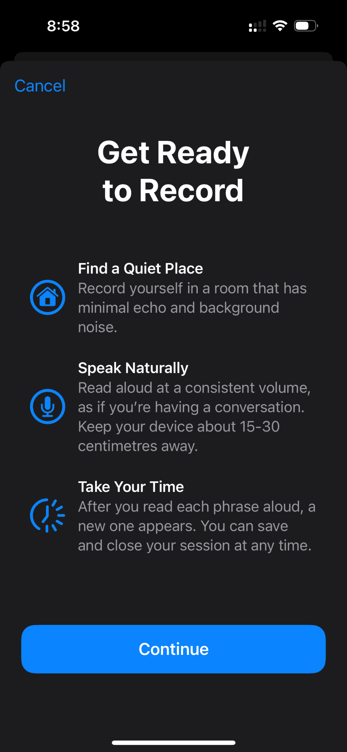 Screenshot of instruction of how to create a Personal Voice on iPhone.