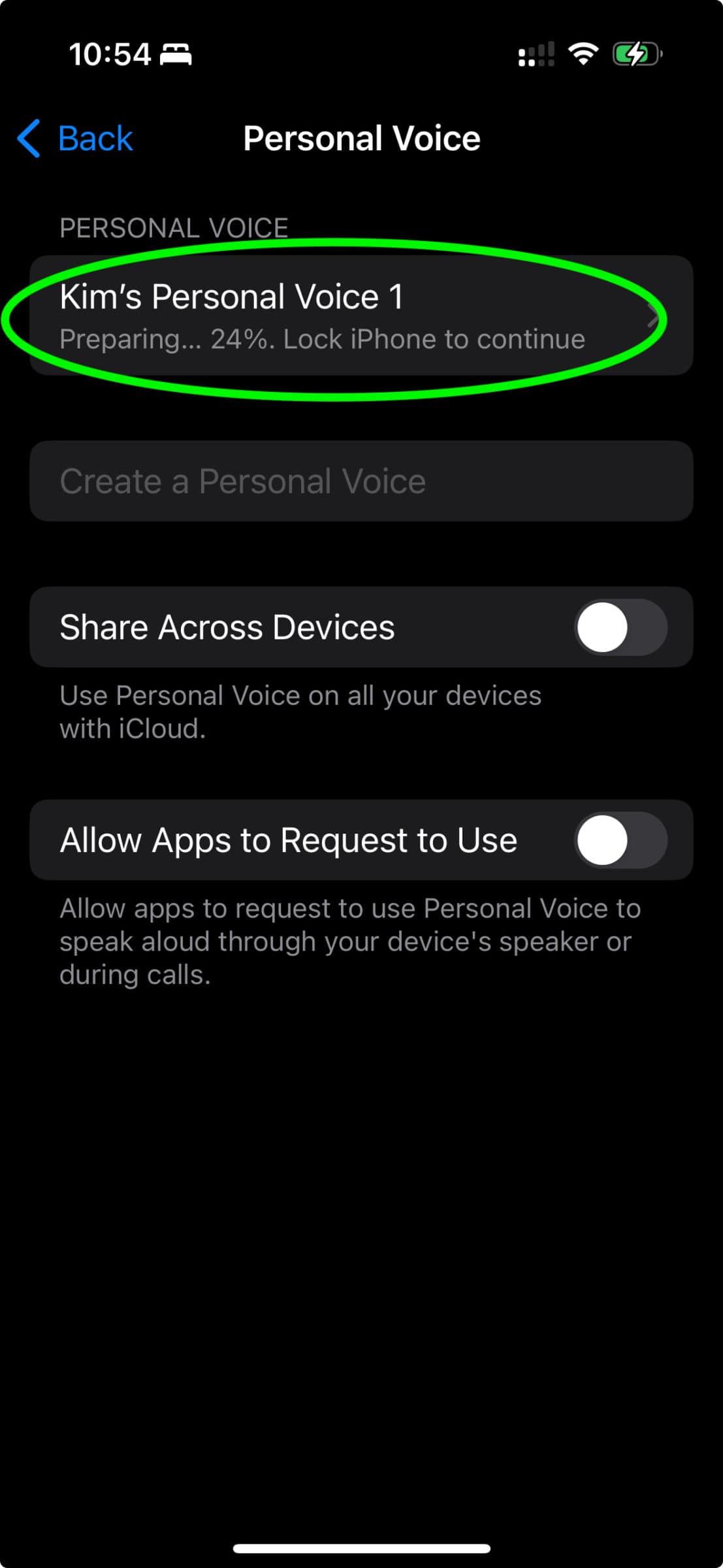 A screenshot of an iPhone showing the progress of the processing of a Personal Voice.
